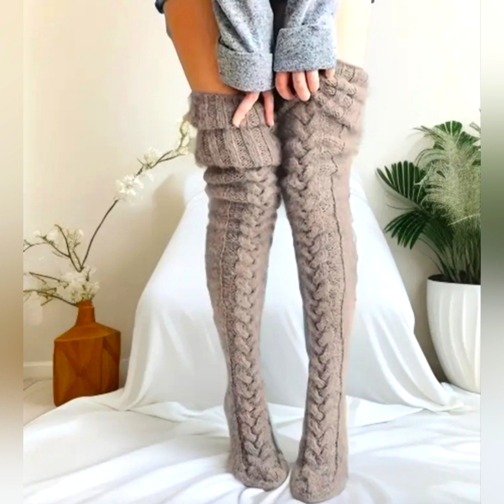 Cable knit thigh high socks